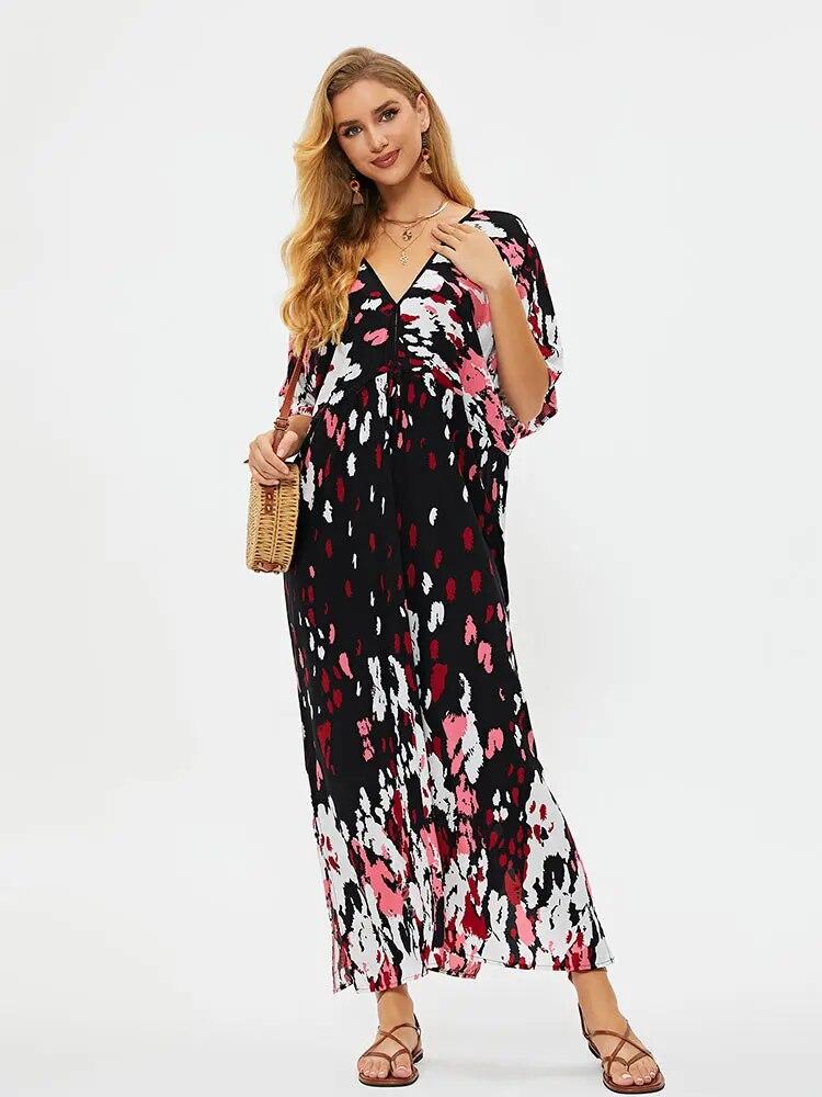 EDOLYNSA Ležérní Výstřih do V Krátký rukáv Třásně Dlouhé šaty Tunika Dámské Letní Oblečení Plážové Oblečení Plavky Zakrytí Q1498