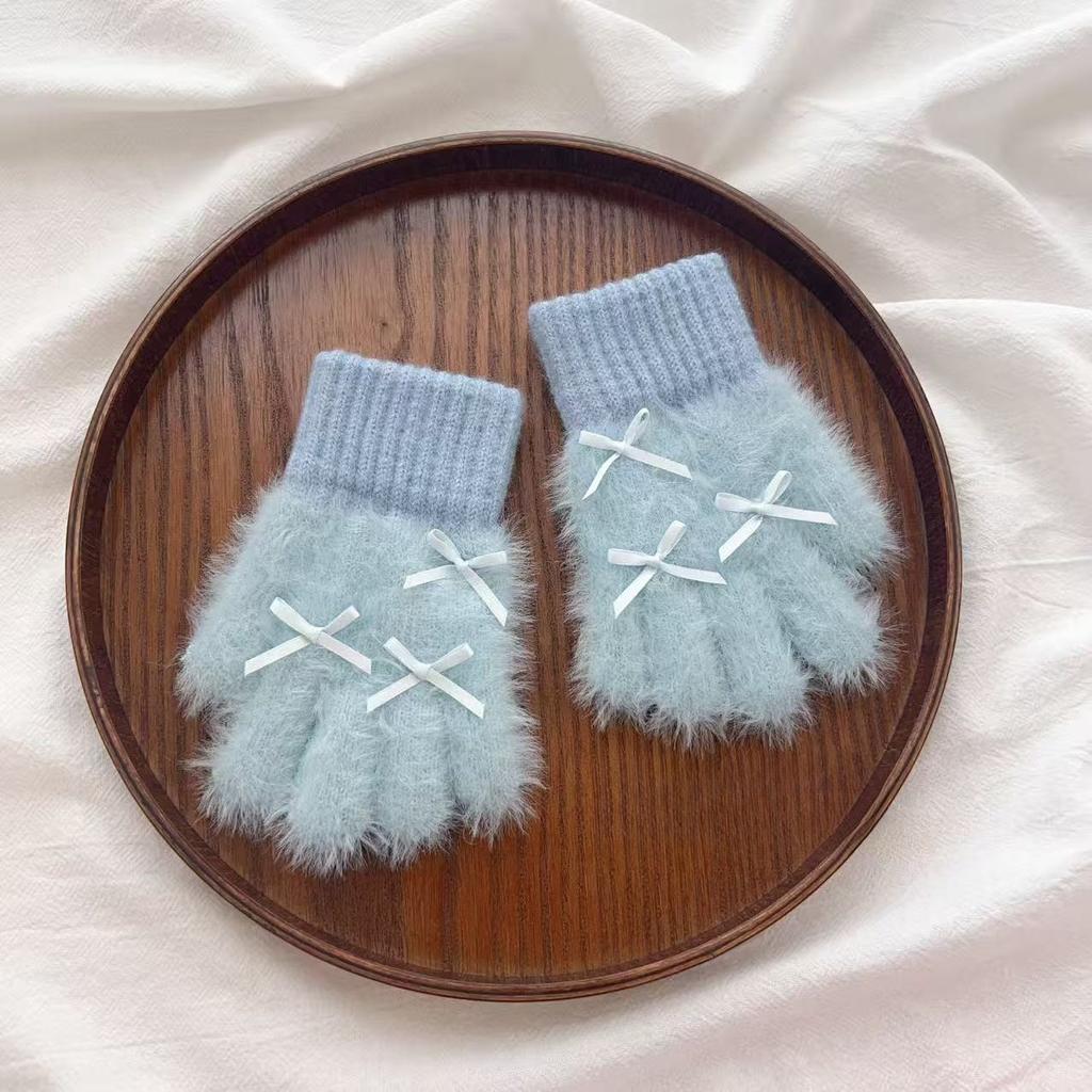 Rękawiczki z kokardą z futra królika Jesienno-zimowe dziecięce niemowlęce pogrubione ciepłe futrzane pięciopalcowe rękawiczki