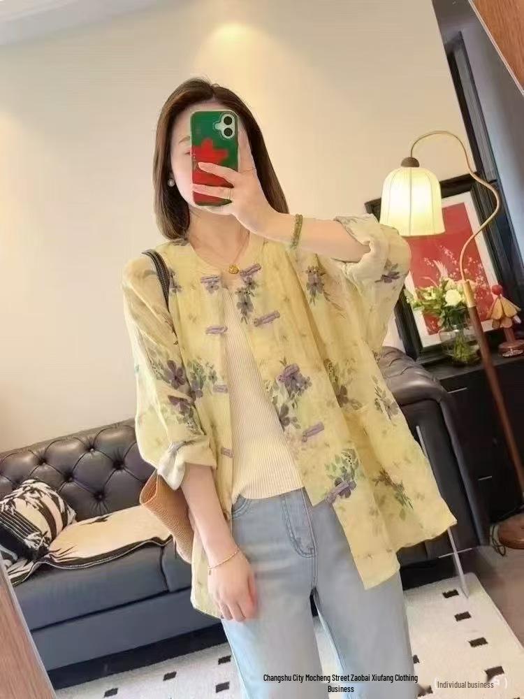 Frühling/Sommer 2026 Damen Chinesischer Stil Elegantes Print-Stehkragen-Langarm-Ramie-Hemd