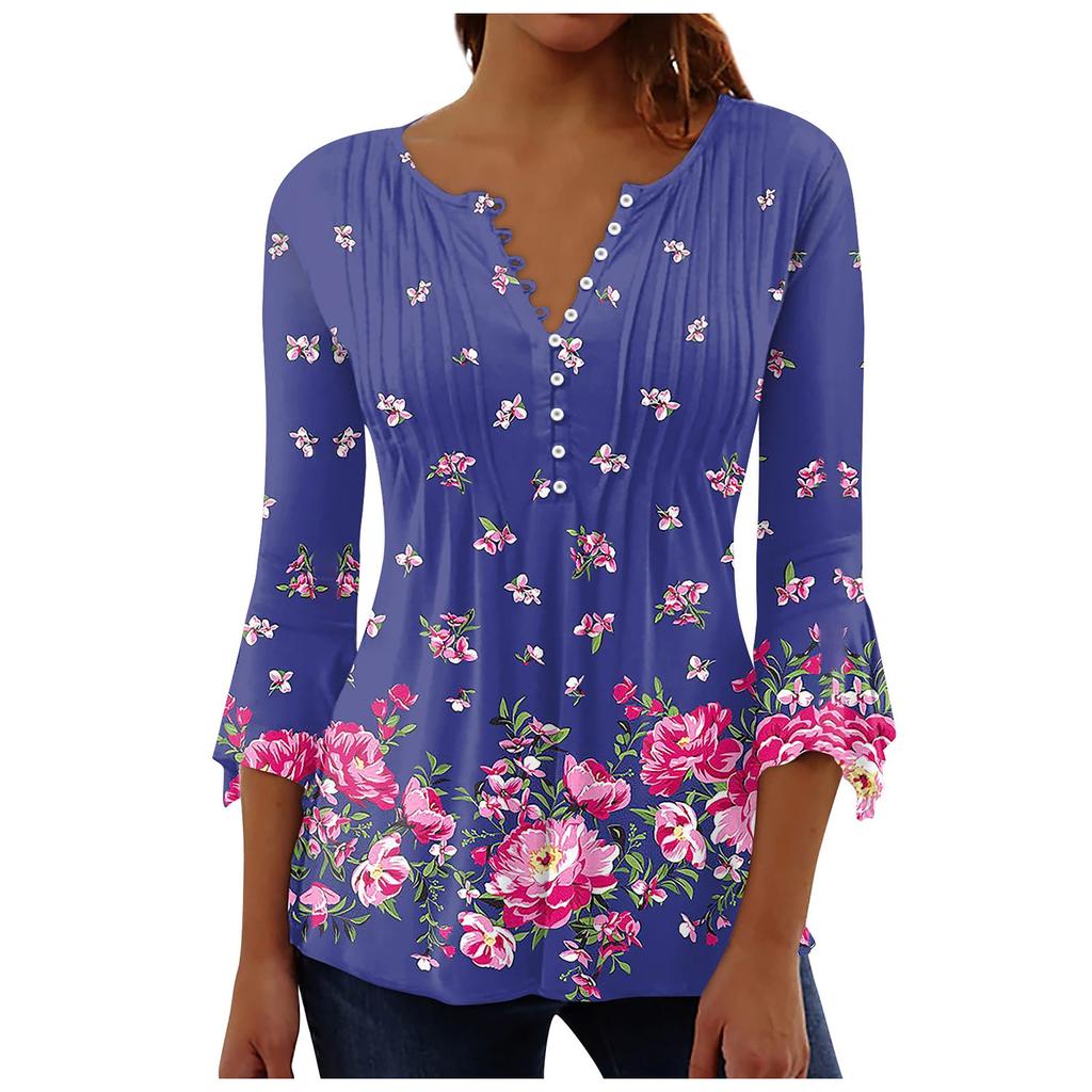 Women's Button Up Shirt Floral Print Top Summer Casual 3/4 Sleeve V Neck Blouse