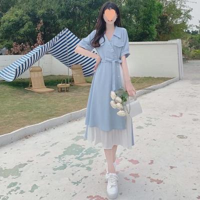 Elegant V-Neck Two-Piece Style Shirt Dress - Summer French Literary Waist Long Skirt