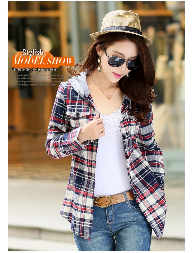 

2025 Жіноча Осіння Приталена Клітчаста Сорочка з Капюшоном - Корейський Стиль Довгий Рукав 3XL