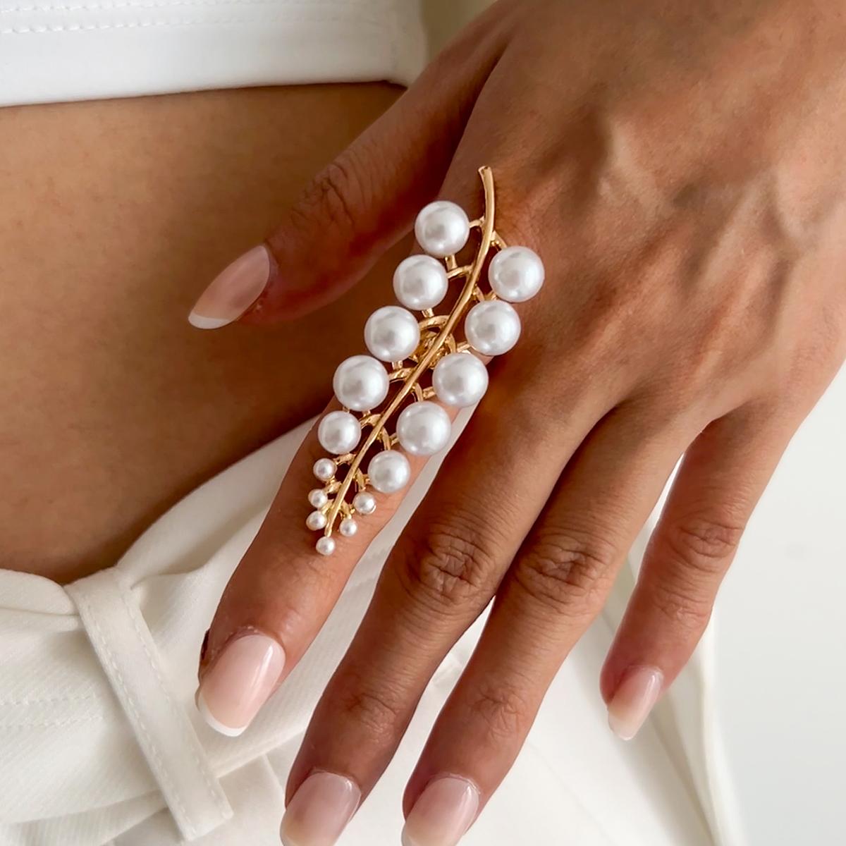 Salircon Эстетичный Дизайн Инкрустированное Имитация Жемчуга Цветок Лист Кольцо для Женщин Винтажное Круглое Металлическое Кольцо на Палец Вечерние Украшения