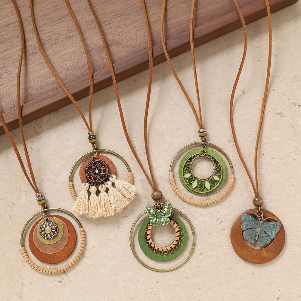 Bohemian style long necklace, vintage ethnic style knitted sweater chain accessory
