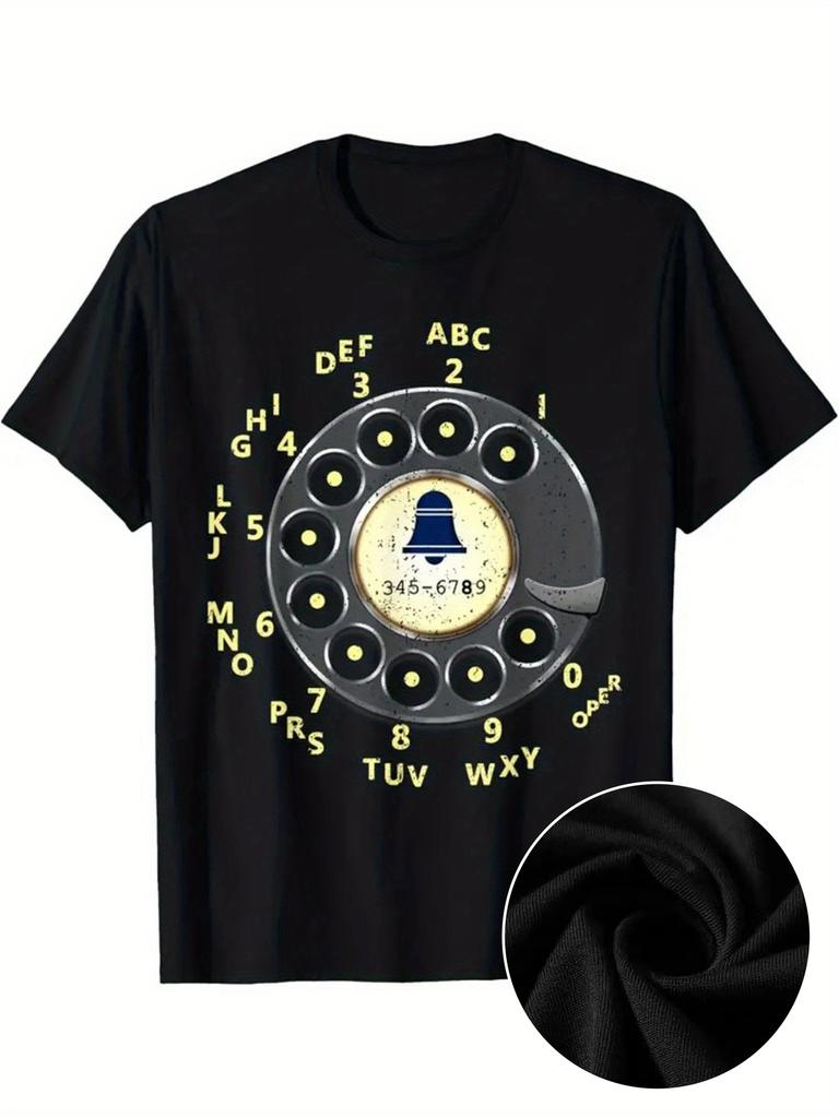 1pc Men'S Vintage 1960s 70s Telephone Dial Graphic T-Shirt - 100% Black Retro Rotary Phone Print wit