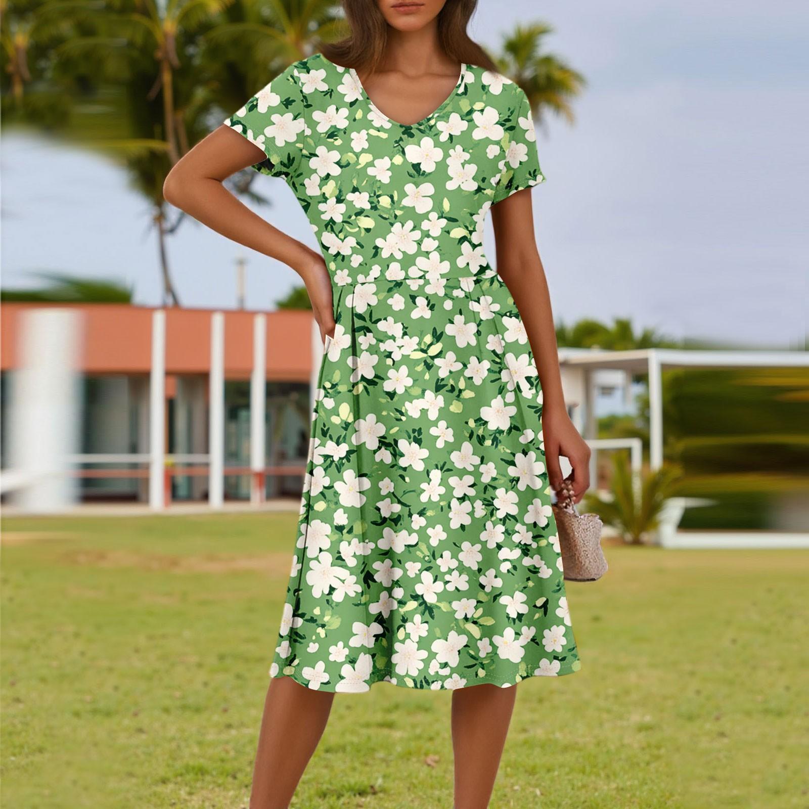 

Ladies Summer Fashion Casual Floral Print V-Neck Short Sleeve Pocket Dress L армия зеленый