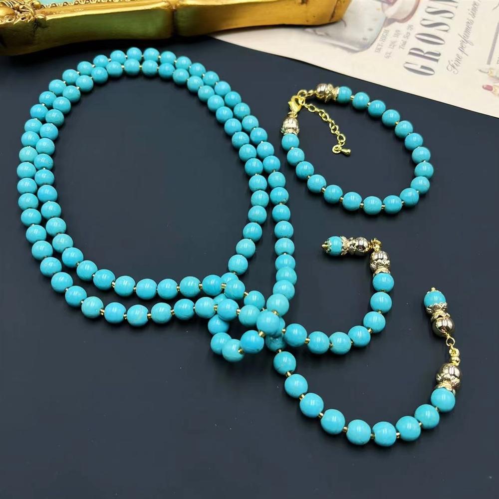Qingdao Vintage Summer New Stone Blue Ocean Sweater Chain Rice Bead Long Turquoise Necklace Pendant