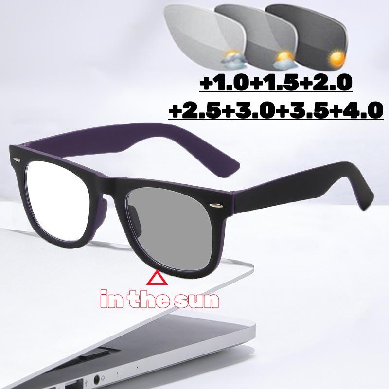 Fashion Retro Pochromic Reading Glasses Women Men Large Frame Anti Blue Light Far Sight Eyeglasses Outdoor Sunglasses To +4.0