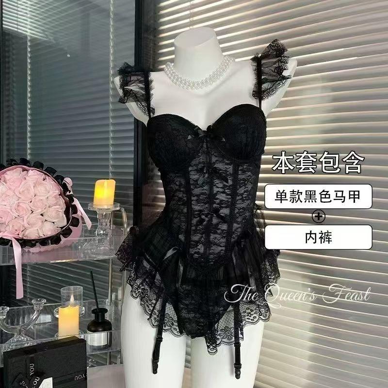 Sexy slim-fit fishbone brassiere vest women s summer thin pure lust lace breathable lingerie set S чёрный