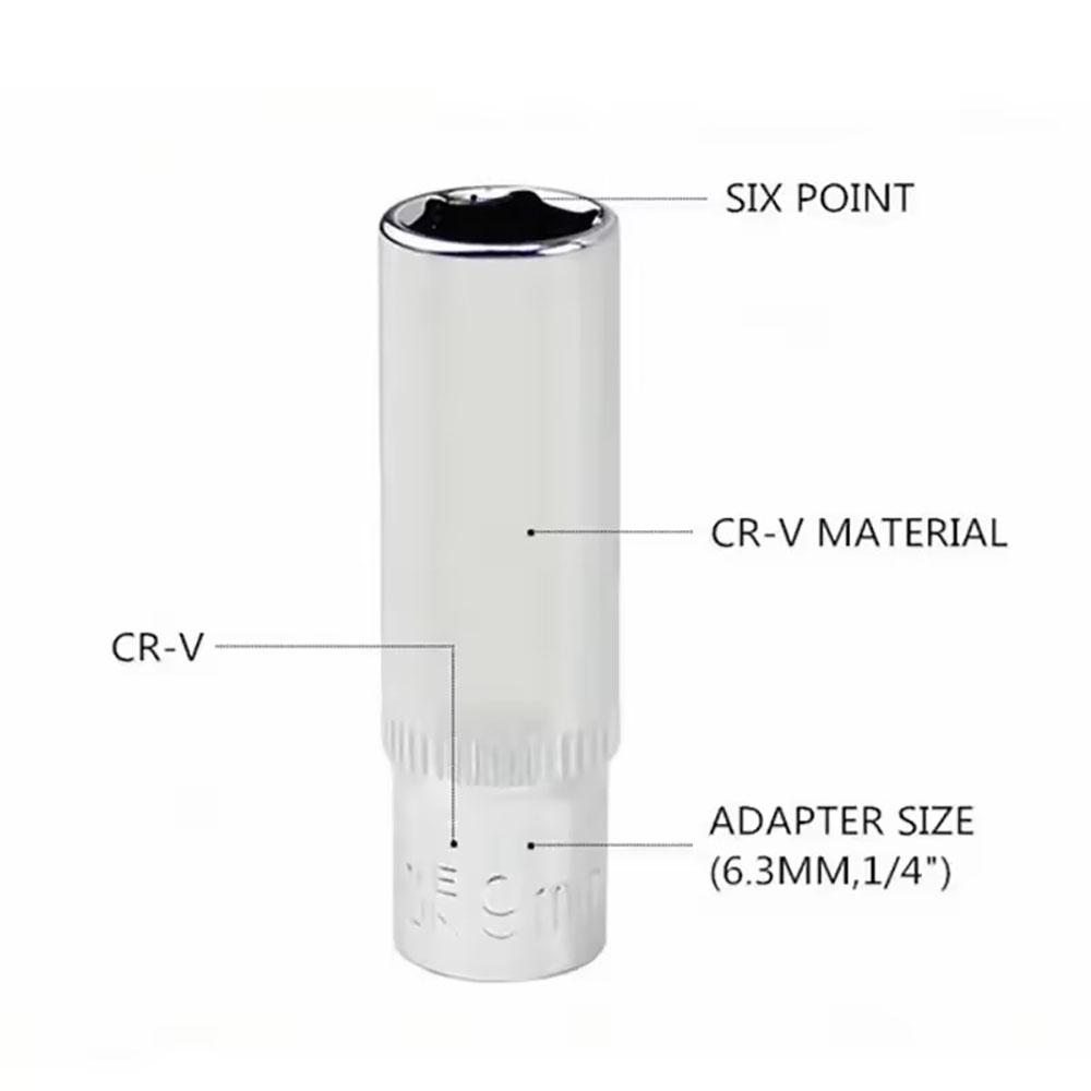 11pcs 1/4 interface long chrome vanadium steel socket, 4mm-14mm socket, 6.35mm industrial grade socket wrench head, ratchet tool