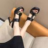 Fashion 2025 New Heels Shoes with Metal Decoration Women Sandals Square Toe Thick Heeled Pumps Elegant Leather Shoes Outside
