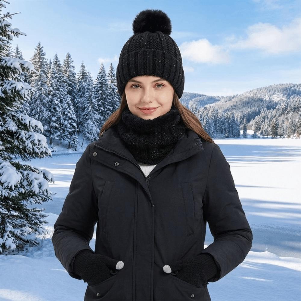 3pcs Cute Pompom Hat Scarf Gloves Set Solid Color Beanie Hat Comfortable Knitted Hat Kids