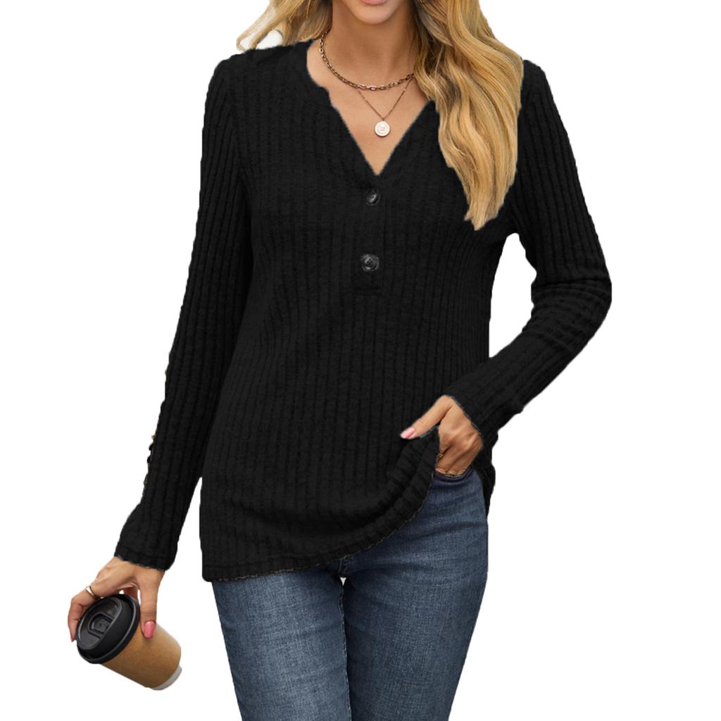 Women's Fashionable Casual V-neck Button Long-sleeved Top
