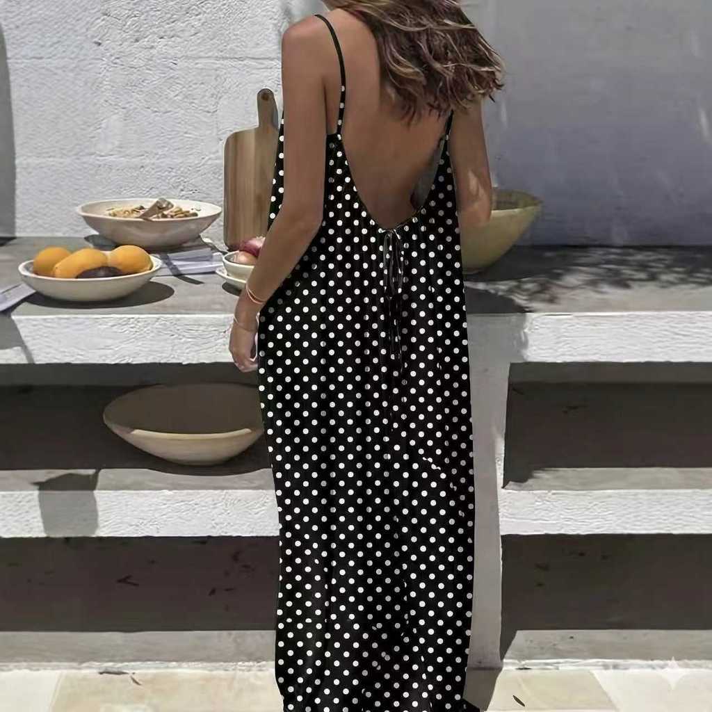 Maxi Abito Estivo Stampato Senza Schiena con Spalline Annodate per Uso Casual in Vacanza al Mare