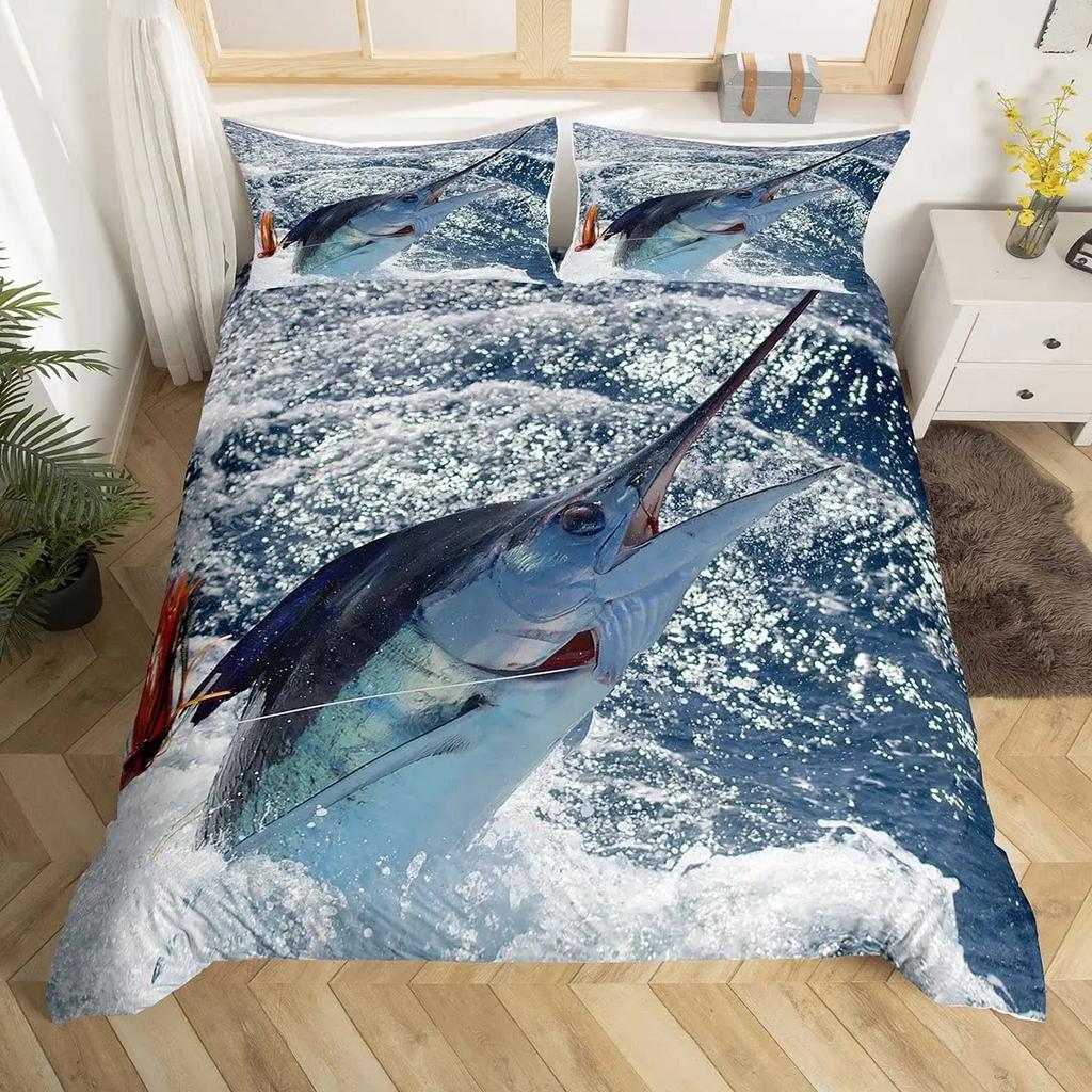 Pike Fish Bedding Striped Bass Big Pattern Hunting and Fishing Themed Duvet Cover for Kids Boys BedRoom Decorations for Teens