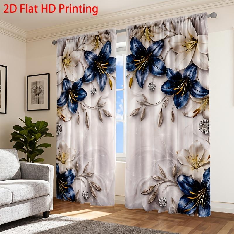 2PCS Digital Printed Curtains, Blue Diamond Lily Luxury Elegant Floral, Rod Pocket Window Drapes for Living Room Bedroom Decor