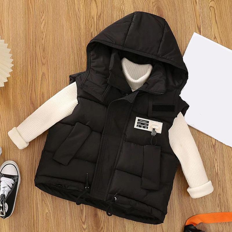 

Детские пуховые жилеты с капюшоном для мальчиков и девочек, осенне-зимние, детская мода, повседневные куртки, подростковая одежда, пальто 100cm чёрный