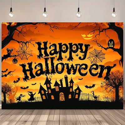 1 Halloween Happy Party Background Cloth - Horror Pumpkin  Bat  and Misty Forest Scene Party Banner
