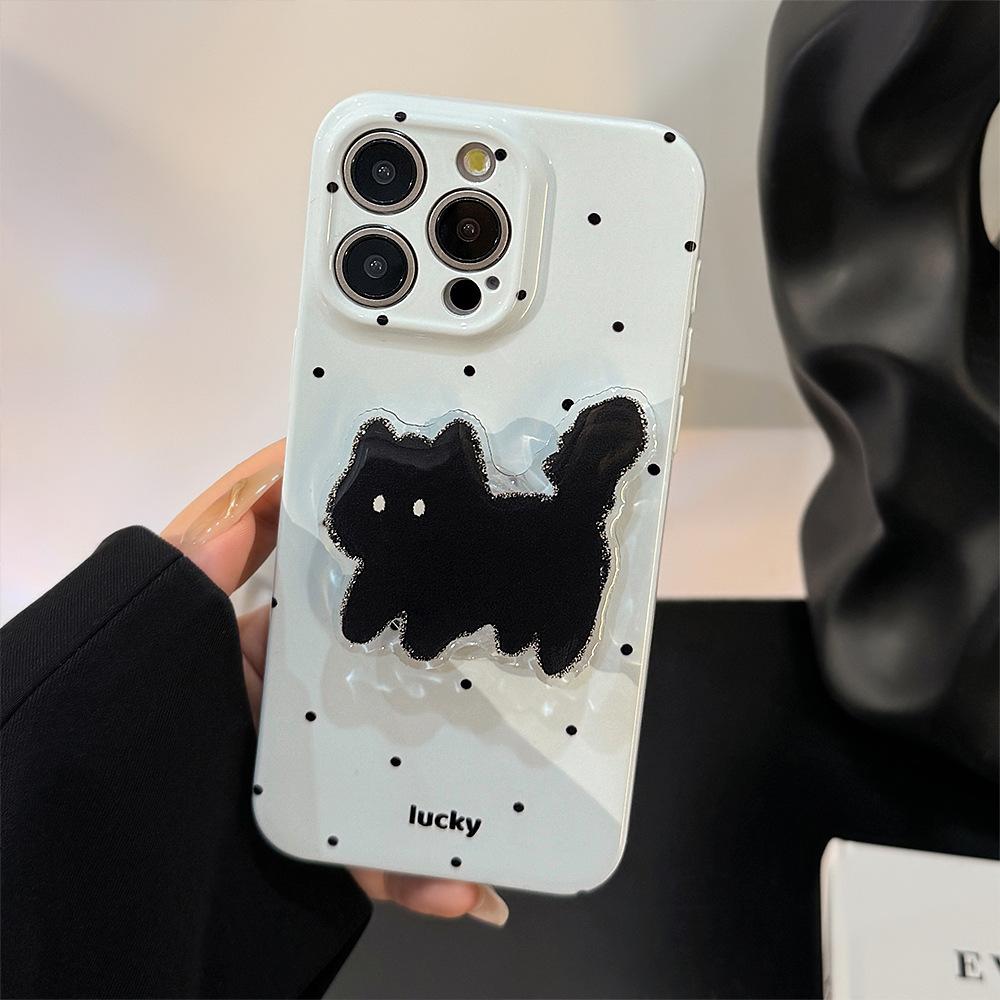 Cute Polka Dot Cat Stand Mobile Phone Case Suitable for 13 Apple 14 Promax Film Iphone 15 Soft 16