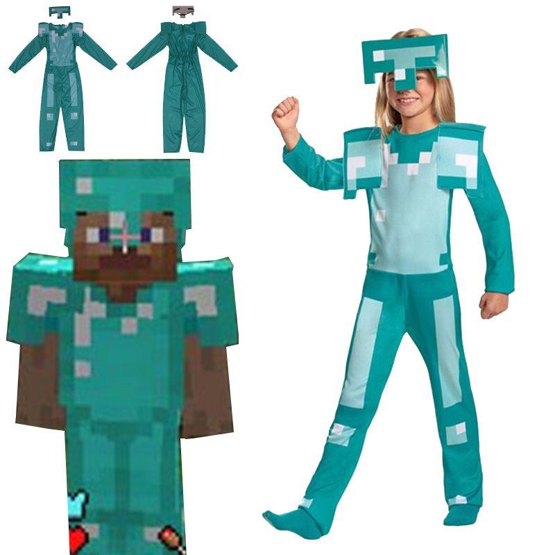 Minecraft Steve Rüstung Kinder Cosplay Kostüm Jumpsuit für Jungen und Mädchen Perfekt für Halloween und Verkleidungsveranstaltungen