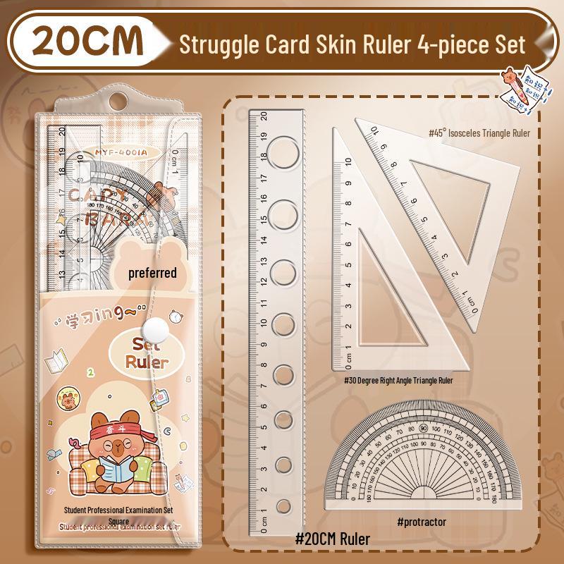 Capybara 4-Piece Student Ruler Set: Includes 20cm Square & Triangle Rulers, High-Quality Stationery for Primary School
