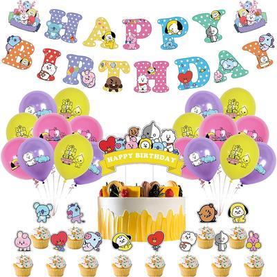 32-dielna súprava party potrieb BTS obsahuje banner, ozdoby na tortu, balóny pre fanúšikov