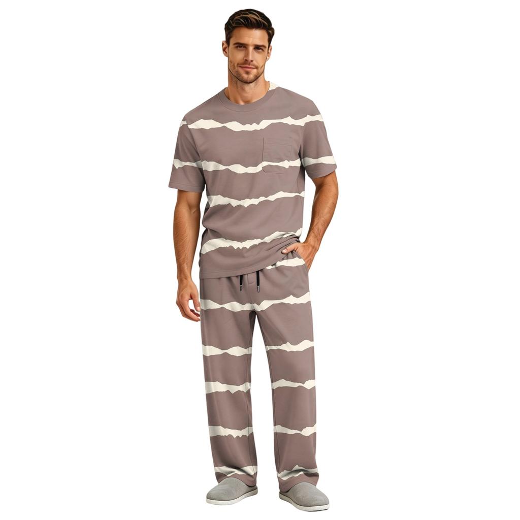 Men's Short Sleeve Pajama Set with Long Pants, Button Crotch, Elastic Waist Drawstring - Comfortable Sleepwear