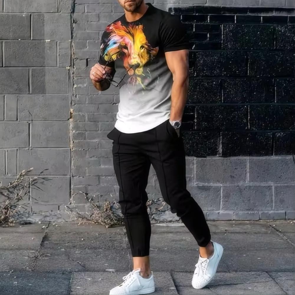 

Летняя мода, новые мужские брюки, спортивный комплект, 3D-принт, полосатая футболка с коротким рукавом + брюки, комплект из 2 предметов, мужской спортивный комплект 6XL