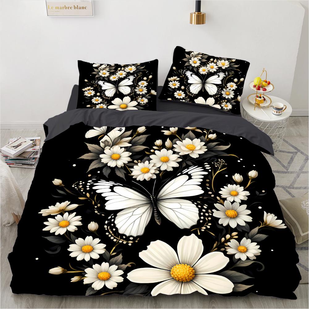 Padrão colorido retrô de borboleta com impressão 3D (conjunto de três peças) conjunto de cama de casal queen size fronha edredom