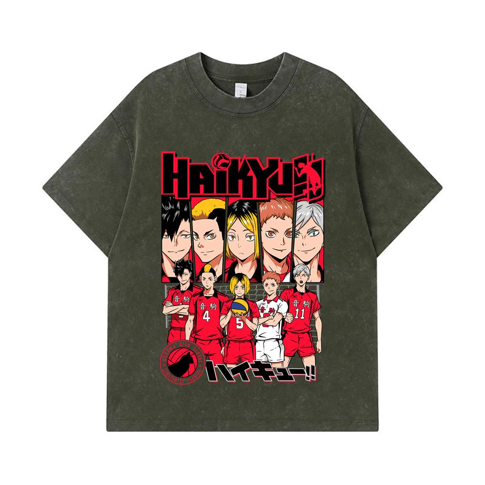 

275 GSM Washed T-shirts 100% Cotton Haikyu V8 Nekoma High Print Unisex Heavy Cotton T Shirt S армия зеленый