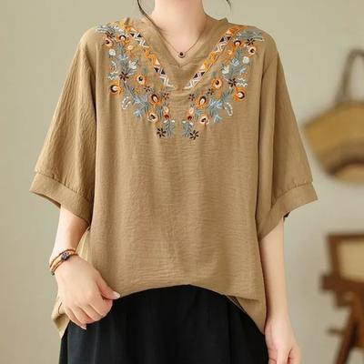 Women's Khaki Linen Blouse with Floral Embroidery Casual V-Neck Half-Sleeve Top