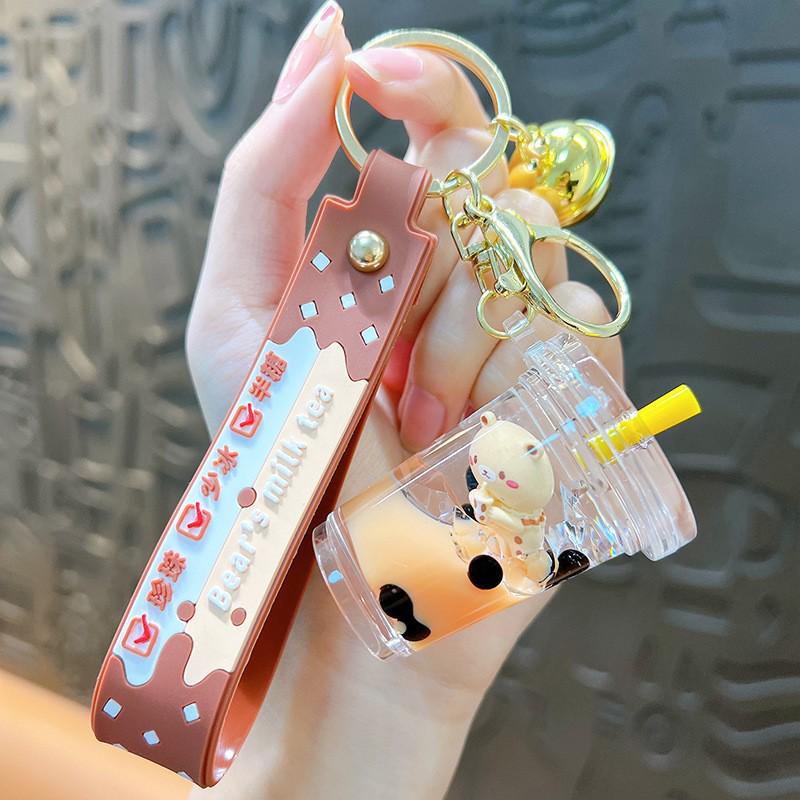 

Мультяшный брелок для ключей с мишкой и молочным чаем, с брелоком-сердечком с зыбучим песком