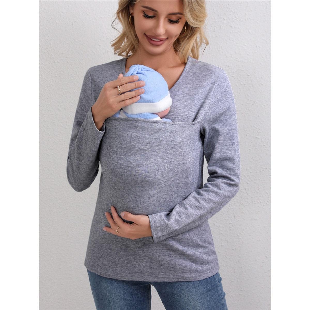 Women s Pure Cotton Thickened Long Sleeve V-Neck Kangaroo Mom Multifunctional T-Shirt Clothes Sale S серый