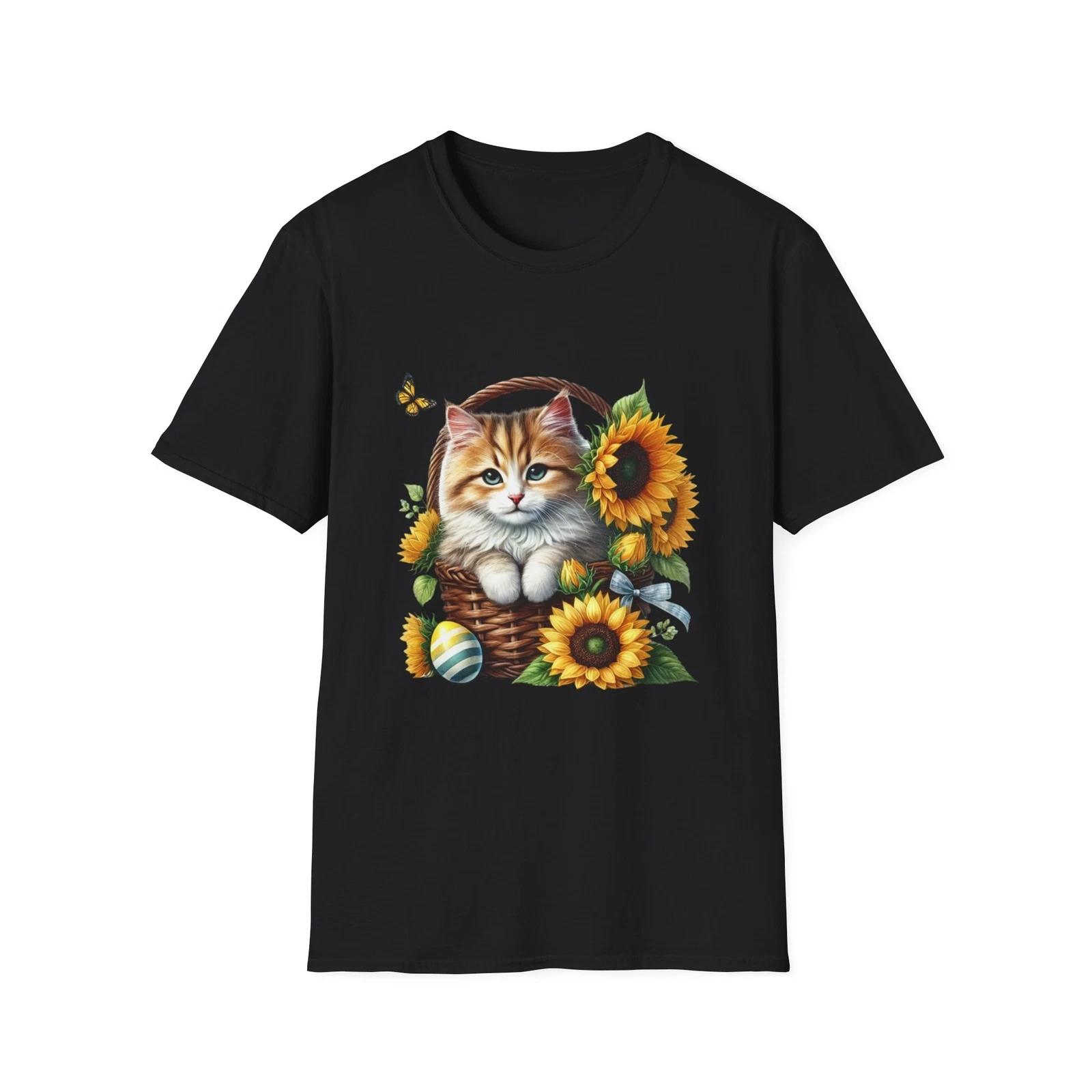 Adorable Cat & Sunflowers Tee, Cute Kitty Shirt, Spring Fashion, Animal Lover S