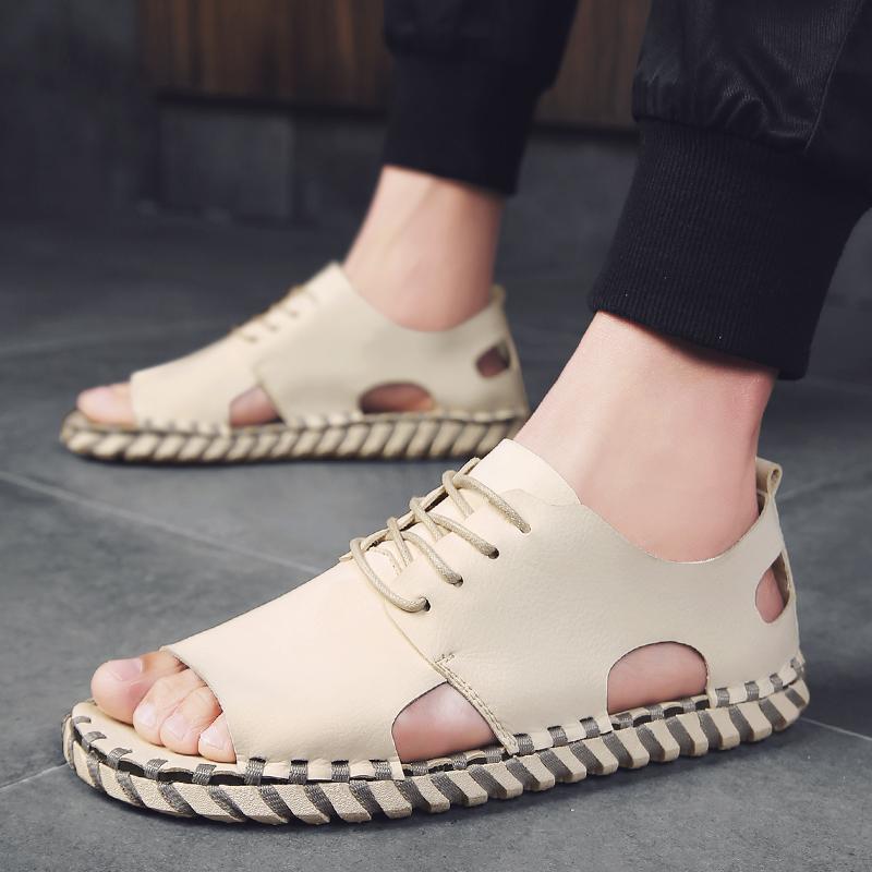 Men's Hollow Out Sandals Breathable Summer Men's Casual Shoes Beach Shoes Handcrafted Headband Outdoor Camping Sandals