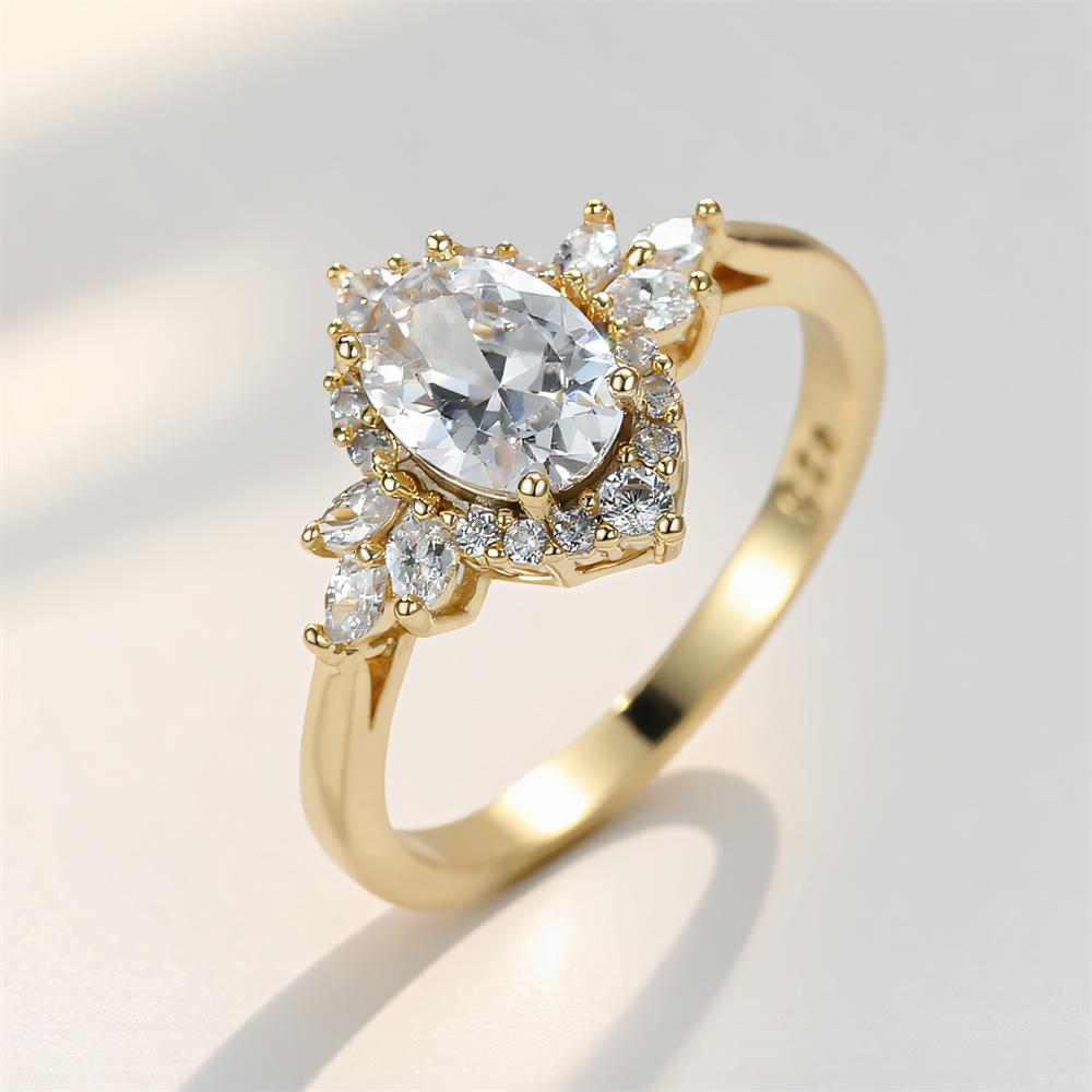 White Zircon Oval Stone Luxury Crystal Leaf Rings For Women Vintage Gold Color Engagement Ring Wedding Bands Jewelry Bridal Gift