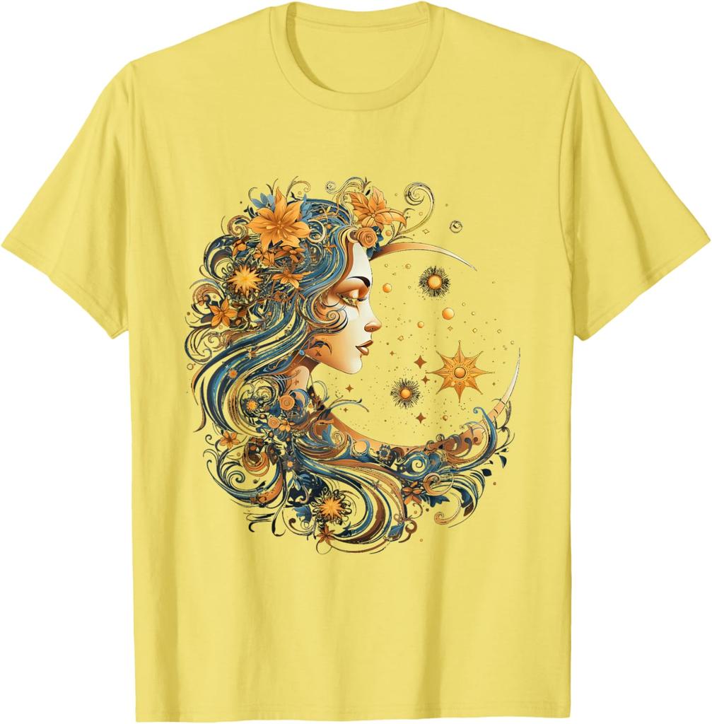 Mystic Celestial Woman Moon Flowers Graphic Print Cotton Crew Neck T-Shirt Unisex Casual Trip Wear