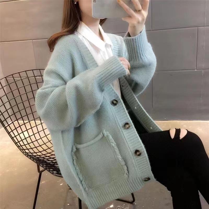 Lazy Wind Solid Color Fringe Sweater Jacket Women's Autumn Loose Single-breasted Knitted Cardigan
