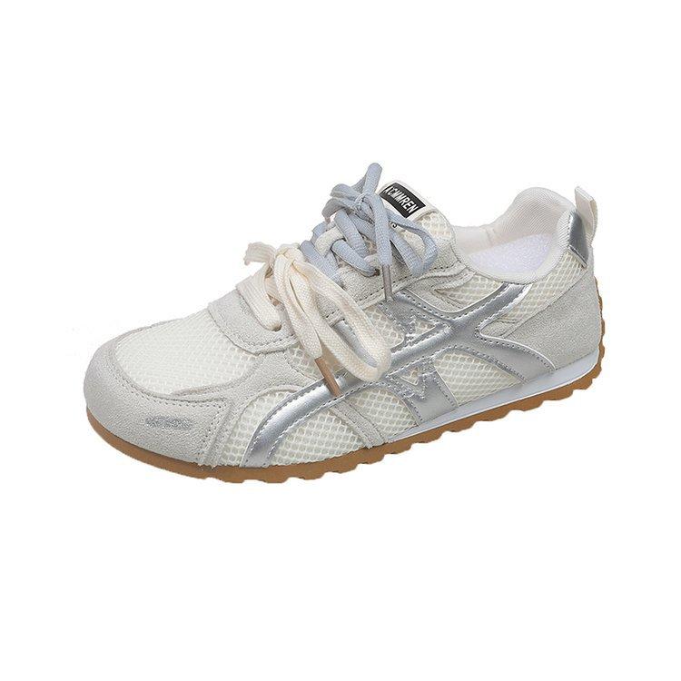 Double color ribbon~ leather inner height increase German training shoes women's 2025 summer thin mesh super soft ballet sports and leisure shoes