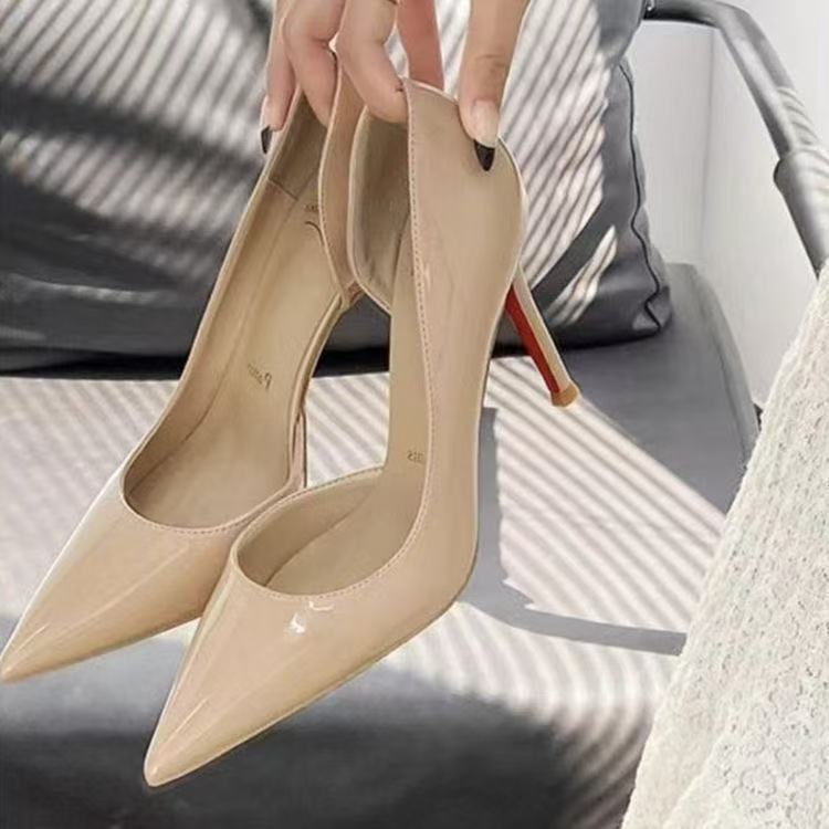 Pointed Side Empty Sexy Nude High Heels Women's Beautiful Thin Heel Temperament Black Patent Leather Single Shoes New Spring and Autumn