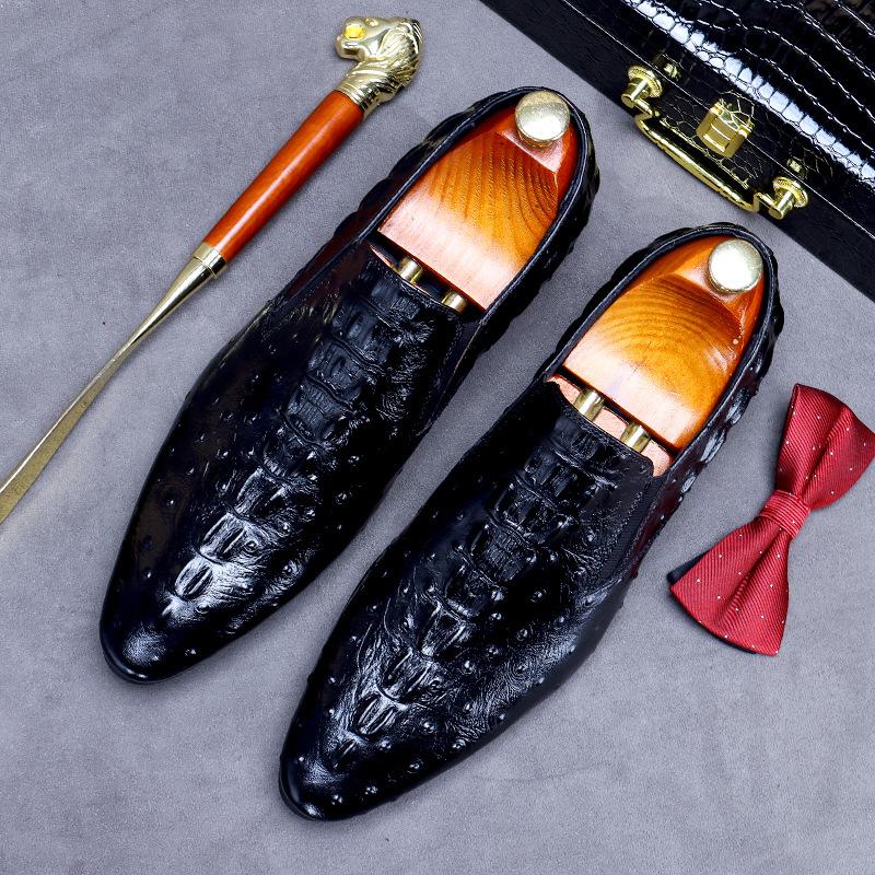 Business Large Size Cowhide Casual Pullover Crocodile Pattern Embossed Men's Leather Shoes British Leather Shoes