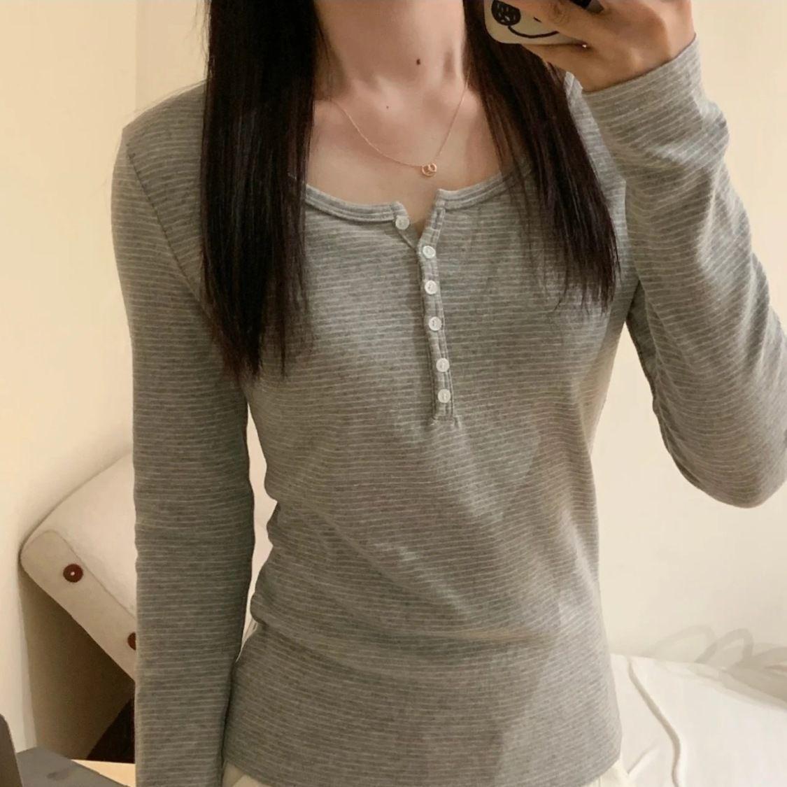 

Korean Style Campus Long-Sleeve Women s T-Shirt - Soft & Chewy Stripes for a Slimming Look | Perfect for Autumn/Winter M (40-50 kg) світло-сірий колір