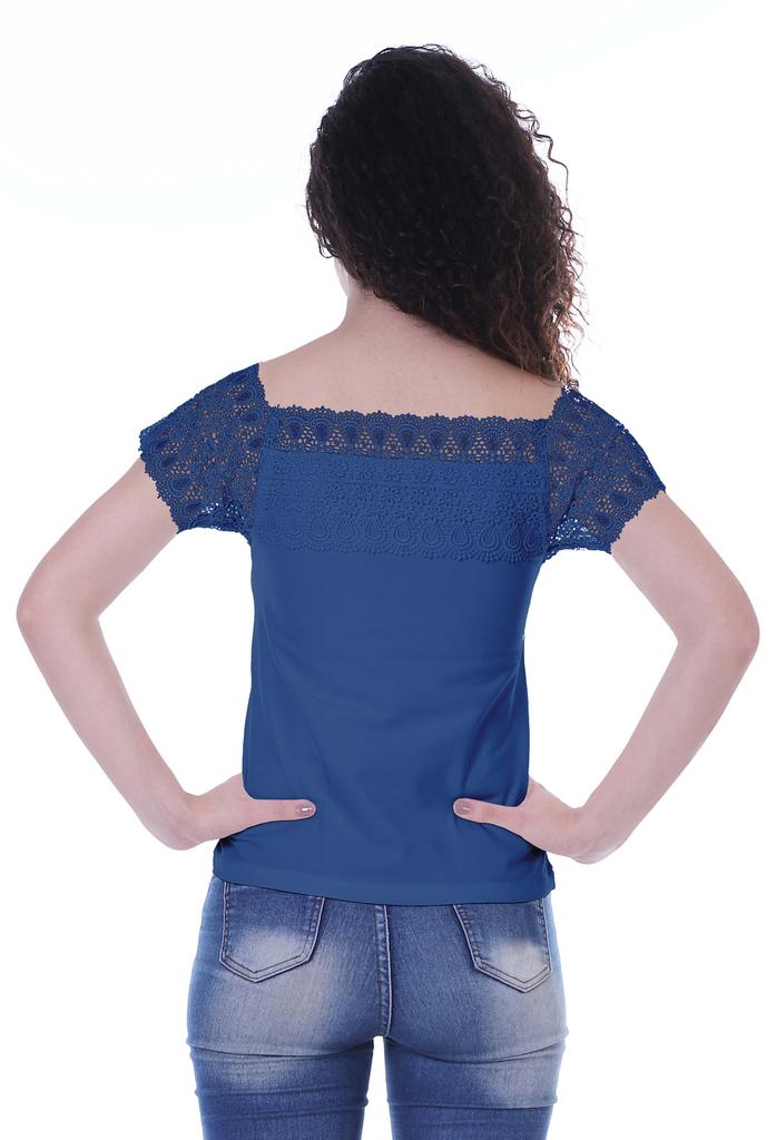 Moomaya Lace Sleeve Tops For Women Plain Boat Neck Tee Shirt
