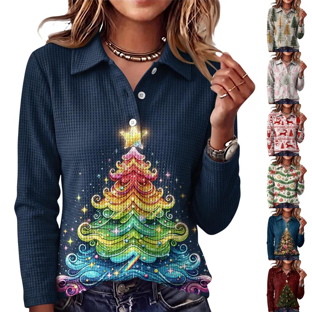 Women's Fashion Casual Button Front Long Sleeve Christmas Top with Collar