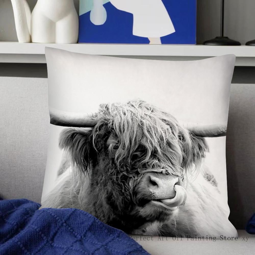 Highland Cattle Pillow Case Fashion Square Pillowcase Bedroom Sofa Room Ins Decoration Leisure Cushion Cover 40x40