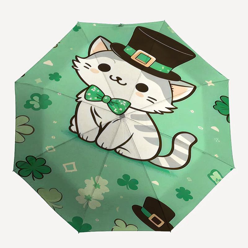 1pc cat shamrock umbrella automatic open/close, 8-Rib Durable Frame, Compact Folding Design, Ideal Birthday/Holiday Gift  1150A
