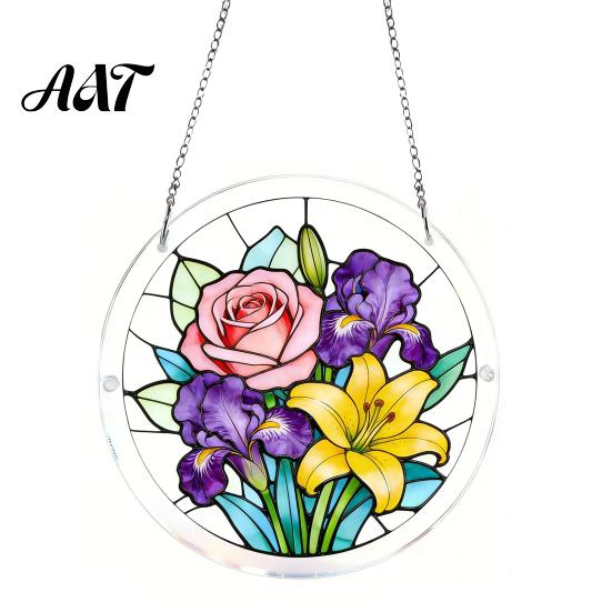 Transparent Acrylic Decor 7.48 Inch Circular DIY Puzzle Suncatcher, Stained Glass Style Window Hanging Ornament, Adult Gift Waterproof Pendant
