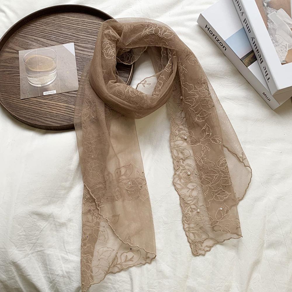 Foreign Style Lace Silk Scarf Pearl Triangle Scarf Fashion Long Scarf