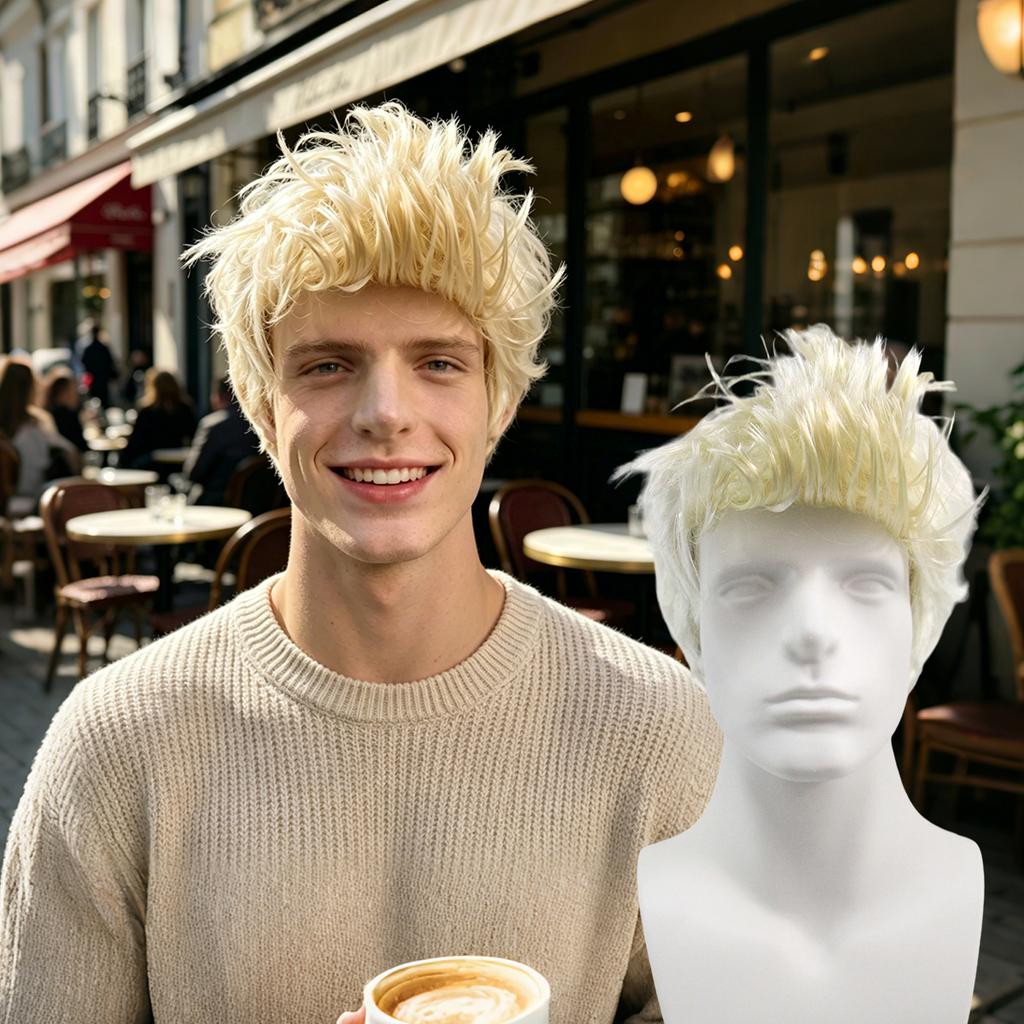Platinově blond špičatá paruka – Krátké syntetické vlasy, neupravený texturovaný styl pro vzhled anime, punkových, rockových a cosplay postav