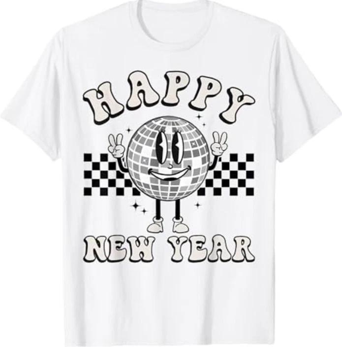 Checkered Happy New Year 2026 Disco Ball New Year Eve Party T-Shirt 2XL